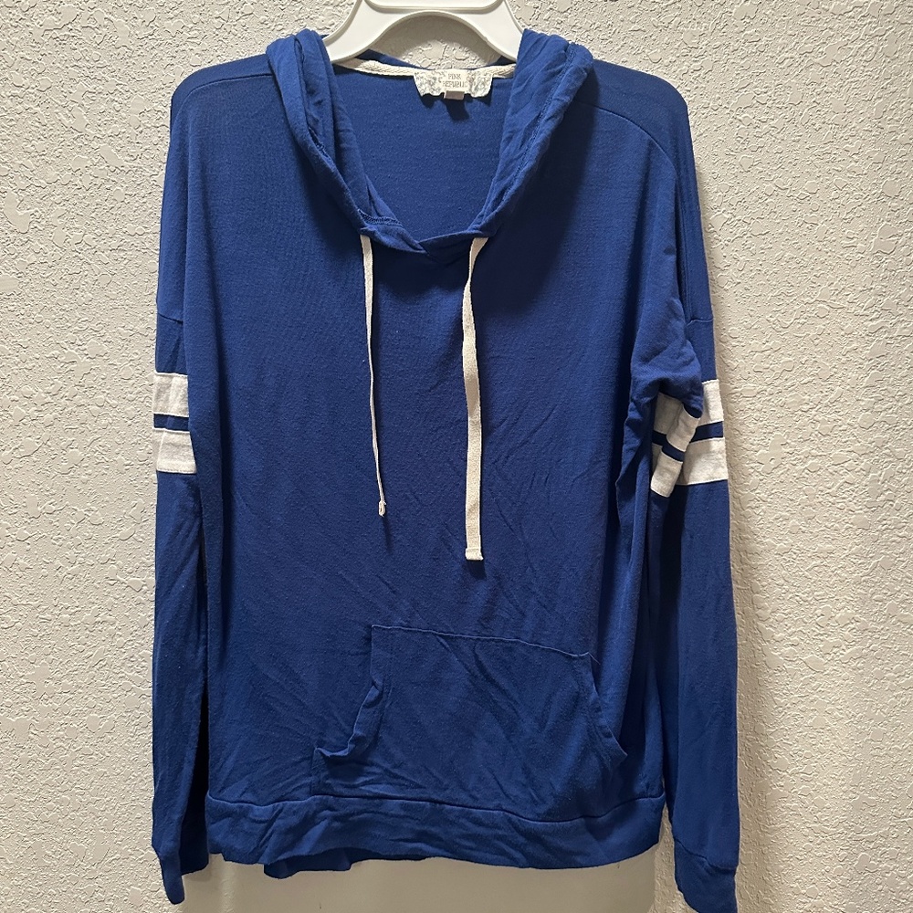 Blue Long Sleeve Lightweight Hoodie with stripes on sleeves